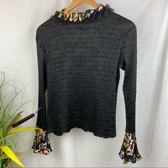 Alberto Makali Black Open Front Dark Floral Ruffle Trim Blouse Top L - Picture 2 of 6